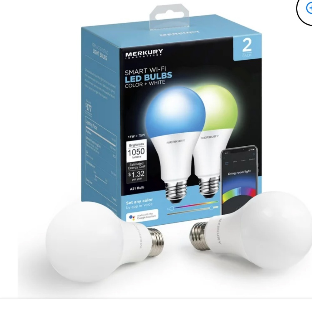 Merkury Innovations A21 Smart Multicolor LED Bulb, 75W, Dimmable 2 bulbs